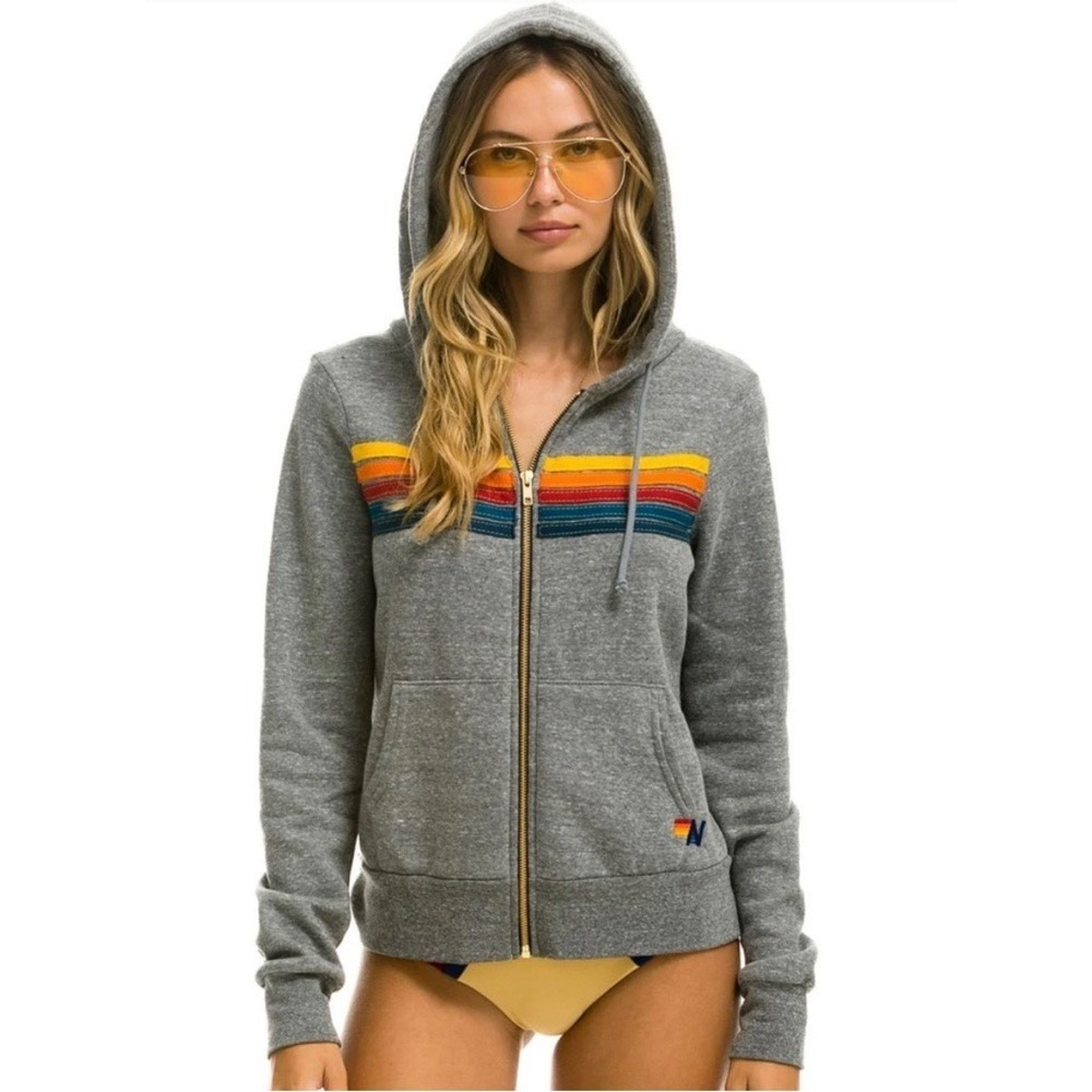 Aviator Nation 5 Stripe Zip Hoodie Large Heather Grey Rainbow Retro Unisex